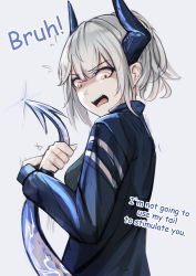 Rule 34 | 1girl, absurdres, arknights, blue jacket, comic sans, commentary, english commentary, grey background, grey hair, highres, horns, jacket, krirk, liskarm (arknights), long sleeves, looking at viewer, open mouth, short hair, simple background, solo, tail, upper body, yellow eyes