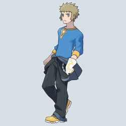 Rule 34 | 1boy, black pants, blonde hair, blue eyes, blue shirt, chain, closed mouth, clothes around waist, commentary, creatures (company), earclip, full body, game freak, gloves, go-lurk, grey background, gym leader, highres, male focus, nintendo, pants, pokemon, pokemon dppt, shirt, shoes, short hair, simple background, single glove, solo, spiked hair, standing, volkner (pokemon), white gloves, yellow footwear