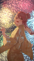 Rule 34 | 1girl, absurdres, aerial fireworks, bananafish1111, blurry, blurry background, commission, fireworks, floating hair, floral print, hair bun, highres, japanese clothes, kimono, long hair, looking at viewer, looking to the side, original, pink hair, single hair bun, skeb commission, yellow kimono, yukata
