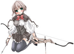 Rule 34 | 1girl, aka ume, archery, archery shooting glove, arrow (projectile), bow (weapon), frills, gloves, muneate, original, partially fingerless gloves, partly fingerless gloves, simple background, single glove, sitting, solo, thighhighs, wariza, weapon, white background, yugake, zettai ryouiki