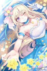 Rule 34 | 1girl, artist name, blonde hair, breasts, civia, cleavage, collarbone, gloves, headband, hololive, hololive china, horns, looking at viewer, medium breasts, one eye closed, reaching, reaching towards viewer, single horn, solo, star (symbol), virtual youtuber, white gloves, yuyeduo ayumu