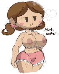 Rule 34 | 1girl, black eyes, blush, breasts, breath, brown hair, ice climber, large breasts, long hair, low twintails, nana (ice climber), navel, nintendo, nipples, open mouth, pink shorts, shorts, standing, super smash bros., sweat, topless, twintails, vilepluff, white background