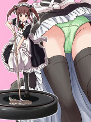 Rule 34 | 1girl, alternate costume, apron, ass, back bow, black dress, black footwear, black thighhighs, bow, broom, brown eyes, brown hair, collared shirt, commentary request, crotch seam, dress, enmaided, frilled dress, frills, from below, green panties, hair ribbon, holding, holding broom, idolmaster, idolmaster cinderella girls, leaning forward, leg up, lielos, looking at viewer, maid, maid apron, maid headdress, mary janes, medium dress, medium hair, mtu virus, multiple views, neck ribbon, ogata chieri, open mouth, panties, pantyshot, partial commentary, puffy short sleeves, puffy sleeves, red ribbon, ribbon, shirt, shoes, short sleeves, solo, standing, standing on one leg, thighhighs, twintails, underwear, upskirt, white bow