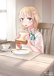 Rule 34 | 1girl, :o, artist name, blonde hair, blouse, blue ribbon, blush, braid, bread, chair, child, collar, collared shirt, cup, curtains, day, expressionless, fingernails, food, green eyes, hair ornament, hair ribbon, hands up, holding, holding food, indoors, long hair, looking at viewer, meal, morning, napkin, open mouth, original, plate, ranyues, ribbon, sandwich, sanpaku, saucer, shadow, shirt, sitting, solo, table, teacup, tsurime, twin braids, twintails, upper body, white shirt, window, wooden chair, wooden table