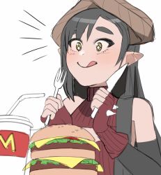 +_+ 1girl absurdres asymmetrical_bangs bad_id bad_pixiv_id bare_shoulders big_mac black_hair blush burger cup drinking_straw elbow_gloves female_focus fingerless_gloves food fork gloves highres knife kumaartsu long_hair monster_girl original simple_background smile solo tongue tongue_out white_background yellow_eyes