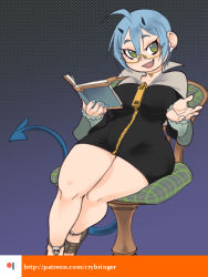 Rule 34 | ahoge, blue hair, blue nails, book, breasts, chair, crybringer, demon girl, demon mages, demon tail, fang, form fitting, freckles, full-length zipper, green eyes, highres, horns, jewelry, light blue hair, looking at viewer, nail polish, necklace, reclining, sandals, semi-rimless eyewear, short hair, sitting, smile, solo, tail, tess tesryon, thick thighs, thighs, toeless footwear, under-rim eyewear, watermark, web address, wide hips, zipper