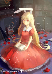 Rule 34 | 1girl, absurdly long hair, animal ears, blonde hair, book, book stack, bookshelf, rabbit ears, commentary, dress, flower, highres, library, long hair, looking at viewer, original, pixiv fantasia, pixiv fantasia t, puffy short sleeves, puffy sleeves, red dress, red eyes, red rose, rose, short sleeves, sishenfan, solo, stuffed animal, stuffed rabbit, stuffed toy, very long hair