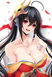 Rule 34 | 1girl, :d, ahoge, azur lane, bare shoulders, black hair, blurry, bow, breasts, cleavage, collarbone, commentary request, depth of field, eyeliner, hair bow, hair ribbon, highres, japanese clothes, large breasts, long hair, looking at viewer, makeup, mask, mask on head, off shoulder, open mouth, red eyes, ribbon, shiira (nya rl), simple background, smile, solo, taihou (azur lane), twintails, upper body, white background