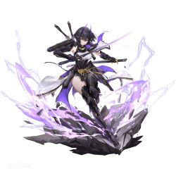 Rule 34 | 1girl, :&lt;, aether gazer, armor, black bodysuit, black hair, bodysuit, breasts, cape, chinese commentary, coattails, cowboy shot, dot nose, dual wielding, full body, gold trim, gradient background, hair between eyes, hair ornament, highres, holding, holding sword, holding weapon, horns, katana, knees up, long bangs, long hair, mechanical arms, medium breasts, multiple weapons, official art, purple eyes, sash, shirt, shoulder armor, simple background, solo, sword, taut clothes, taut shirt, thighs, tsukuyomi (aether gazer), v-shaped eyebrows, weapon, weapon on back, white background