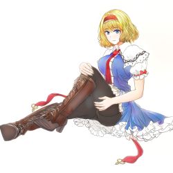 Rule 34 | 1girl, alice margatroid, belt boots, black pantyhose, blonde hair, blue dress, blue eyes, boots, brown footwear, cross-laced footwear, dress, frilled dress, frills, high heel boots, high heels, highres, knee boots, lace-up boots, looking at viewer, pantyhose, puffy short sleeves, puffy sleeves, red hair, short hair, short sleeves, smile, solo, tk31, touhou