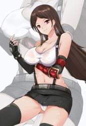 Rule 34 | 1girl, arm under breasts, bare shoulders, breasts, brown hair, cleavage, collarbone, covered erect nipples, crop top, dripping, earrings, elbow gloves, final fantasy, final fantasy vii, fingerless gloves, gloves, highres, jewelry, large breasts, long hair, looking at viewer, miniskirt, navel, nonoririn, panties, panty peek, red eyes, skirt, sparkle, square enix, stomach, strap, sweat, sweaty clothes, thighhighs, tifa lockhart, underwear, wet, wet hair, zettai ryouiki