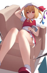 Rule 34 | 1girl, absurdres, armchair, bad hands, bare legs, blonde hair, chair, character doll, dorachan, flandre scarlet, foot out of frame, fumo (doll), hat, highres, knees together feet apart, legs, mob cap, perspective, puffy short sleeves, puffy sleeves, reclining, red eyes, red skirt, red vest, remilia scarlet, shoes, short sleeves, simple background, sitting, skirt, solo, touhou, vest, white background, white hat, wings