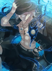 Rule 34 | 1boy, abs, artist name, black fire, edmond dantes (fate), fate/grand order, fate (series), fedora, fire, glasses, gloves, hand on headwear, hand on own hip, hat, highres, jacket, jacket on shoulders, jewelry, looking to the side, male focus, necklace, pectorals, revealing clothes, rozu ki, scar, shorts, silver hair, single glove, sitting, smile, solo, swimsuit, topless male, water, wavy hair, wet, yellow eyes