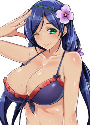 Rule 34 | 10s, 1girl, bikini, bikini top only, blue hair, breasts, flower, green eyes, hair flower, hair ornament, large breasts, looking at viewer, love live!, love live! school idol festival, love live! school idol project, mushi024, one eye closed, simple background, smile, solo, swimsuit, tan, tojo nozomi, twintails, white background