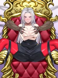 Rule 34 | 1boy, 1girl, grabbing another&#039;s breast, breasts, crying, disembodied hand, edelgard von hresvelg, fire emblem, fire emblem: three houses, grabbing, highres, looking at viewer, medium breasts, nintendo, nipples, pocari66, purple eyes, spread legs, throne, topless, white hair