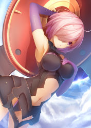 Rule 34 | 1girl, arm behind head, armpits, blue sky, breasts, cloud, day, elbow gloves, fate/grand order, fate (series), gloves, hair over one eye, hand on own chest, highres, if (asita), looking at viewer, mash kyrielight, medium breasts, navel, pink hair, purple eyes, purple gloves, short hair, sky, solo, tatapopo