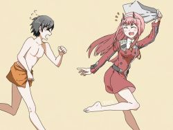Rule 34 | 10s, 1boy, 1girl, barefoot, black hair, blush, commentary request, couple, darling in the franxx, closed eyes, fang, fringe trim, hair ornament, hairband, hetero, hiro (darling in the franxx), holding, holding clothes, holding towel, holding underwear, horns, long hair, military, military uniform, necktie, no pants, oni horns, orange neckwear, orange towel, pink hair, red horns, running, topless male, short hair, signature, taroteaemmmm, tears, towel, towel around waist, underwear, uniform, white hairband, zero two (darling in the franxx)