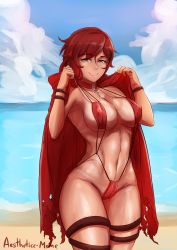 Rule 34 | 1girl, absurdres, aestheticc-meme, beach, belly, bikini, breasts, cape, choker, cleavage, cloud, covered erect nipples, cross, female focus, grey eyes, highres, hip focus, large breasts, legs, looking at viewer, muscular, muscular female, narrow waist, navel, nipples, one-piece swimsuit, outdoors, red cape, red hair, ruby rose, rwby, shiny skin, sky, smile, solo, standing, stomach, strap, swimsuit, text focus, thighs, wide hips