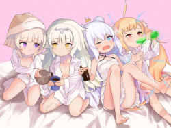 Rule 34 | + +, 4girls, a (yyyaa), ahoge, azur lane, blonde hair, blue eyes, blunt bangs, breasts, closed mouth, coffee, coffee mug, cola, collared shirt, commentary request, criss-cross halter, cup, dot mouth, drooling, eldridge (azur lane), electricity, expressionless, feet, flask, glowing liquid, grozny (azur lane), halterneck, highres, knees up, le malin (azur lane), le malin (sleepy sunday) (azur lane), long hair, looking at another, mug, multiple girls, naked shirt, navel, open clothes, open shirt, pajamas, pink background, purple eyes, red eyes, saliva, shirt, short hair, silver hair, simple background, sitting, sleepover, sleepy, small breasts, soles, spread legs, stomach, surprised, toes, twintails, wariza, white shirt, yellow eyes, yokozuwari, z46 (azur lane)