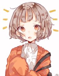 Rule 34 | 1girl, ^^^, bag, brown eyes, cardigan, grey hair, highres, looking at viewer, mawoko, open mouth, original, short hair, shoulder bag, signature, simple background, sleeves past wrists, solo, teeth, upper body, white background, wing collar