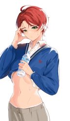 Rule 34 | 1girl, blue cardigan, blush, bottle, cardigan, closed mouth, clothes lift, collared shirt, commentary, green eyes, hair between eyes, hand on own face, highres, holding, holding bottle, hot, karaage (geyd2325), khakis, lace, lace-trimmed panties, lace trim, lifting own clothes, long sleeves, looking at viewer, mole, mole under eye, navel, panties, panty peek, red hair, sawaki momoe, shirt, shirt lift, short hair, simple background, solo, sweat, underwear, upper body, water bottle, white background, white panties, wonder egg priority