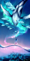 Rule 34 | 1girl, arms at sides, aurora, back, black hair, commentary, fish, flying whale, from below, highres, long hair, manta ray, original, outdoors, sky, solo, star (sky), starry sky, watermark, web address, whale, yuumei