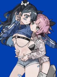 Rule 34 | 2girls, :t, bandaid, bandaid on face, bandaid on thigh, belt, belt bra, black bra, black hair, blue background, blue hair, blue jacket, blush, bow, bra, breasts, colored inner hair, commentary, cone hair bun, cowboy shot, cropped jacket, garter straps, hair bow, hair bun, hands on another&#039;s stomach, heart, heart in eye, heart o-ring, highres, hug, hug from behind, inu totemo, jacket, long sleeves, looking at another, mole, mole on stomach, multicolored hair, multiple girls, navel, o-ring, o-ring belt, original, parted lips, pink hair, puffy long sleeves, puffy sleeves, simple background, small breasts, symbol-only commentary, symbol in eye, thighs, two-tone hair, underwear, white bow