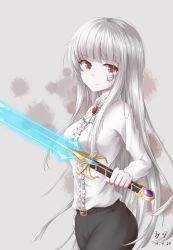 Rule 34 | 00047, 00s, 1girl, 2014, absurdres, bad id, bad pixiv id, belt, dated, grey eyes, highres, holding, holding sword, holding weapon, long hair, looking at viewer, maplestory, red eyes, shirt, signature, silver hair, simple background, solo, sword, weapon, white shirt