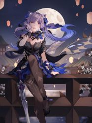 Rule 34 | 1girl, architecture, bare shoulders, black dress, black footwear, blue ribbon, breasts, brown pantyhose, cleavage, commentary, detached collar, detached sleeves, dress, east asian architecture, facing viewer, genshin impact, hair ribbon, hand up, highres, keqing (genshin impact), keqing (opulent splendor) (genshin impact), looking away, medium breasts, moon, open mouth, pantyhose, purple eyes, purple hair, ribbon, saiivia, shoes, sitting, smile, solo, sword, teeth, twintails, upper teeth only, weapon
