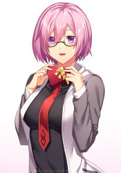 Rule 34 | 1girl, 2018, artist request, blue eyes, blush, breasts, candy, chocolate, fate/grand order, fate (series), food, glasses, heart, highres, holding, jacket, looking at viewer, mash kyrielight, necktie, pink hair, purple eyes, short hair, smile, solo, source request, upper body, valentine