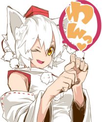Rule 34 | 1girl, animal ears, detached sleeves, hat, heart, inubashiri momiji, japanese clothes, long sleeves, looking at viewer, one eye closed, open mouth, paw pose, pom pom (clothes), reiga (act000), shirt, short hair, simple background, smile, solo, string, text focus, tokin hat, touhou, upper body, white background, white hair, wide sleeves, wolf ears, yellow eyes