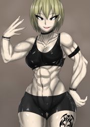Rule 34 | 1girl, abs, black eyes, blonde hair, breasts, choker, female focus, gym uniform, highres, large breasts, looking at viewer, muscular, muscular arms, muscular female, olivia (zokusuke), original, solo, tattoo, tongue, tongue out, zokusuke