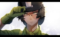 Rule 34 | 1boy, adjusting clothes, adjusting headwear, black hair, candle, gloves, green gloves, hat, helmet, identity v, letterboxed, looking at viewer, male focus, norton campbell, simple background, solo, teo (teorekka), upper body
