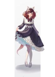 Rule 34 | 1girl, absurdres, animal ears, black dress, bow, bowtie, brown eyes, brown hair, commentary, dress, full body, hairband, highres, horse ears, horse girl, horse tail, knees together feet apart, long sleeves, looking at viewer, mary janes, medium hair, nemari (user wtca7244), nice nature (umamusume), parted lips, petticoat, pillarboxed, puffy long sleeves, puffy sleeves, shoes, skirt hold, solo, standing, tail, umamusume, white bow