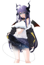Rule 34 | 1girl, :d, absurdres, ahoge, bare shoulders, black jacket, blue eyes, blush, breasts, clothes lift, clothes writing, collar, commentary request, demon girl, demon horns, demon tail, demon wings, hair ornament, hairclip, highres, horns, jacket, lifted by self, long hair, long sleeves, looking at viewer, mark jin, medium breasts, navel, open clothes, open jacket, open mouth, open shirt, original, purple hair, shirt, skirt, skirt lift, smile, solo, sports bra, standing, swimsuit, tail, thighs, very long hair, white shirt, wings, x hair ornament