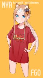 Rule 34 | 1girl, abigail williams (fate), absurdres, alternate costume, animal ears, bandaid, bandaid on face, bandaid on forehead, black bow, blonde hair, blue eyes, blush, bow, breasts, buster shirt, cat ears, character name, commentary request, copyright name, cropped legs, crossed bandaids, fate/grand order, fate (series), forehead, hair bow, hair ornament, hands on own hips, highres, kopaka (karda nui), long hair, looking at viewer, multiple bows, orange bow, parted bangs, polka dot, polka dot bow, ponytail, red shirt, shirt, short sleeves, sidelocks, simple background, small breasts, smile, solo, t-shirt, thighs, yellow background