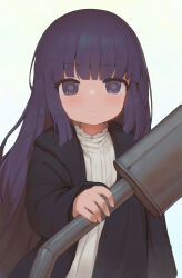 Rule 34 | 1girl, absurdres, aged down, black robe, blunt bangs, closed mouth, commentary, dress, english commentary, expressionless, fern (sousou no frieren), highres, holding, long sleeves, looking at viewer, purple hair, qkracho (thesdroz), robe, simple background, solo, sousou no frieren, upper body, white background, white dress