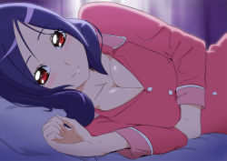 Rule 34 | 1girl, bed sheet, bedroom, blurry, blurry background, blush, breasts, cleavage, closed mouth, collarbone, curtains, fresh precure!, fuchi (nightmare), higashi setsuna, indoors, long hair, long sleeves, looking at viewer, lying, medium breasts, on bed, on side, pajamas, parted bangs, pillow, pink shirt, precure, purple hair, red eyes, shirt, smile, solo