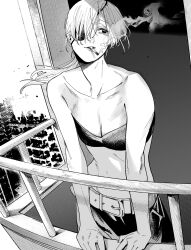 Rule 34 | 1girl, bare arms, bare shoulders, belt, belt buckle, black bra, bra, buckle, chainsaw man, cigarette, eyepatch, highres, looking to the side, monochrome, parted lips, ponytail, quanxi (chainsaw man), smoke, smoking, solo, stomach, underwear, white hair, yode