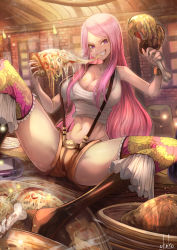 Rule 34 | 1girl, boots, breasts, crop top, eating, food, highres, jewelry bonney, large breasts, meat, midriff, navel, ohako (ohako1818), one piece, pink hair, pizza, purple eyes, short shorts, shorts, smile, solo, spread legs, suspenders, table, tank top