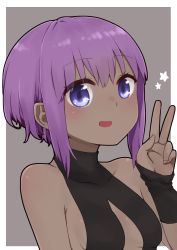 Rule 34 | 1girl, :d, bare shoulders, black bodysuit, bodysuit, breasts, covered collarbone, dark-skinned female, dark skin, fate/prototype, fate/prototype: fragments of blue and silver, fate (series), grey background, hair between eyes, hand up, hassan of serenity (fate), highres, i.u.y, open mouth, purple eyes, purple hair, small breasts, smile, solo, star (symbol), two-tone background, v, white background