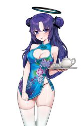 Rule 34 | 1girl, absurdres, blue archive, blue dress, blush, breasts, china dress, chinese clothes, cleavage cutout, clothing cutout, commentary, cowboy shot, dress, highres, holding, holding tray, large breasts, long hair, looking at viewer, open mouth, purple eyes, purple hair, ralac, short sleeves, solo, thighhighs, transparent background, tray, white thighhighs, yuuka (blue archive)