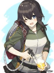 Rule 34 | 1girl, alcohol, beer, black hair, black skirt, commentary request, cowboy shot, glass, grey eyes, hayasui (kancolle), hose nozzle, jacket, kantai collection, looking at viewer, multicolored clothes, multicolored jacket, one-hour drawing challenge, one eye closed, open mouth, pleated skirt, short hair, skirt, smile, solo, track jacket, twitter username, yamashichi (mtseven)