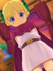 Rule 34 | 1girl, belt, blonde hair, blue eyes, blush, cape, child, closed mouth, dragon quest, dragon quest v, dress, hero&#039;s daughter (dq5), highres, looking down, ribbon, short hair, smile, solo, stupa13a