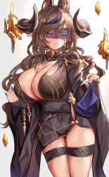 Rule 34 | 1girl, blindfold, blue hair, blue nails, breasts, brown hair, cleavage, closed eyes, commentary request, extra ears, galleon (granblue fantasy), galleon (life&#039;s compassionate observer) (granblue fantasy), gradient background, granblue fantasy, highres, himuro shunsuke, horns, large breasts, long sleeves, multicolored hair, nail polish, parted lips, pointy ears, simple background, solo, streaked hair, thigh strap, thighs
