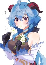 Rule 34 | 1girl, ^^^, absurdres, ahoge, bare shoulders, bell, black gloves, blue hair, blush, breasts, commentary request, cowbell, detached sleeves, eating flower, enipa 28, flower, flying sweatdrops, ganyu (genshin impact), genshin impact, gloves, goat horns, hair between eyes, highres, holding, holding flower, horns, large breasts, leotard, leotard under clothes, long hair, looking at viewer, low ponytail, neck bell, purple eyes, qingxin flower, solo, upper body, white background, white sleeves