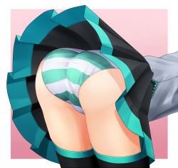 Rule 34 | 1girl, aqua panties, ass, ass focus, bad id, bad pixiv id, bent over, black skirt, black thighhighs, close-up, eto, from side, gradient background, hatsune miku, miniskirt, outside border, panties, pantyshot, pink background, pleated skirt, shiny clothes, skirt, solo, striped clothes, striped panties, taut clothes, thighhighs, trefoil, underwear, upskirt, vocaloid, white panties, zettai ryouiki