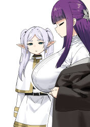 Rule 34 | 2girls, alternate breast size, blue eyes, breasts, closed eyes, closed mouth, fern (sousou no frieren), frieren, hair ornament, highres, huge breasts, long hair, long sleeves, looking at another, meme, multiple girls, parted lips, girl staring at guys chest (meme), pointy ears, purple hair, simple background, sky-freedom, sousou no frieren, twintails, white background, white hair