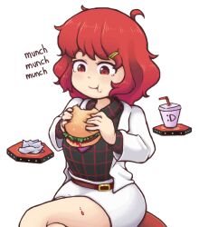 Rule 34 | 1girl, :t, ahoge, belt, black shirt, blush, brown belt, burger, closed mouth, cowboy shot, crossed legs, cup, disposable cup, drinking straw, eating, food, hair ornament, hairclip, holding, holding burger, holding food, horikawa raiko, jacket, keb00b, long sleeves, mg mg, napkin, open clothes, open jacket, pencil skirt, plaid, plaid shirt, red eyes, red hair, shirt, short hair, skirt, skirt set, smile, solo, touhou, transparent background, white jacket, white skirt