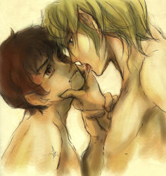Rule 34 | 2boys, amuro ray, blonde hair, blue eyes, brown eyes, brown hair, char aznable, eye contact, grabbing another&#039;s chin, gundam, hand on another&#039;s chin, looking at another, male focus, mobile suit gundam, multiple boys, open mouth, saliva, saliva trail, short hair, tongue, yaoi